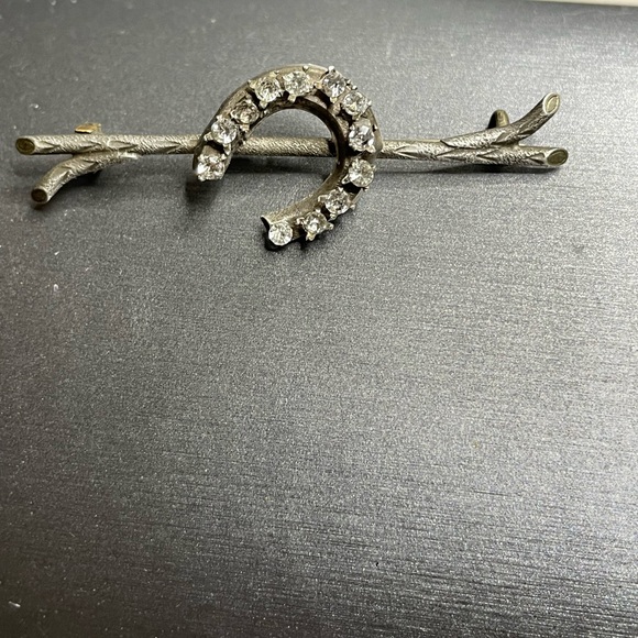 Silver Branch Lucky Horseshoe Antique Brooch White Rhinestones 800 Silver - Picture 2 of 12
